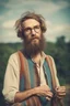 Placeholder: Hippie bohemian young man with Parisian bohemian look and glasses of colours and poor and short short short and poor hair on the head with receding hairline. Farsightedness glasses with big eyes. Long beard. Vintage look and feel like photo styleof the 70s