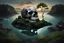 Placeholder: a surreal and artistic representation combining elements of nature and a human skull. A rocky island covered with greenery is depicted at the water's surface, while below the water, the island transforms into a large, grey human skull. The scene is set against a backdrop of a sunset over calm waters.