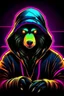 Placeholder: neon background cyber punk hacker honey badger wearing a black hoodie