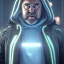 Placeholder: John Candy in a hoodie cyberpunk very detailed cinematic unreal engine photo realistic