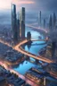 Placeholder: a large river in a modern city world, large buildings, cyberpunk style