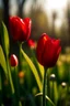 Placeholder: A big red tulip with a few branches of a small red tulip close to me and the sunlight