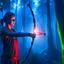 Placeholder: orissa kelly shooting bow and arrow in the underground grove glowing light, in the style of escher, 8k, down-light, soft light, depth of field, photo realism, trending on art station, high detail, smoke and fog