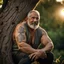 Placeholder: close up photography of a marocan 61 years old seated on a tree trunk in the wood, burly chubby muscular , big shoulders, manly chest, bulging hunter trouser , shirtless, hairy , golden hour, tatoo, 35mm lens, f/1.8, accent lighting, global illumination, frontal view from the ground