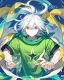 Placeholder: Young boy aged 14, determined, has white hair, wears a green t-shirt with yellow stripes, wears a scarf with the colors of the rainbow, He is sad but looks ahead with a determined look, has light blue eyes, stars behind the character, and a colorful aura.