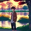 Placeholder: In the anime, a young male character is near the green lake in the sunset afternoon.