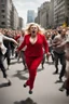 Placeholder: an obese terrified blonde woman in a red pant suit desperately running away from an angry mob of hundreds of people chasing her from a city block behind