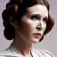 Placeholder: half-length color portrait, three-quarter face pose of carrie fisher as Princess Leia with photo realistic fine and very simple short hair, entrancing deep brown eyes, Nikon D850,ef 85mm 5.6, Intricate, High Detail, Sharp focus, realism, beautiful and detailed lighting, by Annie Leibovitz