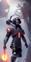 Placeholder: a full body portrait, cyberpunk warrior, wearing boots and helmet, jumping through the air in the style of Carlos Ortega Elizalde, Ahmad Merheb