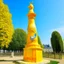 Placeholder: A yellow shining tower with a dove statue designed in painted by Georges Seurat