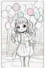 Placeholder: A round-faced little girl happily holding a bunch of colorful balloons. Circles can be used to depict the balloons, her eyes, and the sun in the background. very happy , Colloring page for todlliers ; basic hawali style cartoon , black and white , ink outlines , , smooth , anime style , minimalist , cute eyes , full body , white shose , sketchbook , realistic sketch , free lines , on paper , character sheet , clean line art high detailed