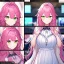 Placeholder: Clear focus,8k,Beatiful Lighting,Detailed, pink long fluffy hair, long fluffy bangs, green eyes, wearing a stunning sparkling outfit, dating game, dialogue at the bottom of the screen