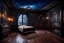 Placeholder: strange evening in vintage bedroom, deep dark colors, old wood floor, old antique bed, translucent walls, ceiling the galaxy with stars, etheral, mystic, stunning, cinematic