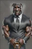 Placeholder: Bodybuilder Lee Haney with the face of a Rottweiler dog A dog's head instead of a person's head Only the player's body with a bulldog head on it He wears a luxurious black suit and holds a luxurious cigar The suit covers the body. In the mouth of the dog there is a luxurious cigar