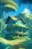 Placeholder: a home in green plain with woody borders with blue sky and near to jungle and be realy