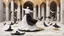 Placeholder: Hyper Realistic Sufi Whirling on stone floor with Black & Golden Islamic Sufi Rustic Grungy Background outside white marble Islamic monument with pigeons flying