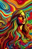 Placeholder: Generate a mesmerizing psychedelic art image featuring a woman as the central subject. Use vibrant, bold, and contrasting colors to create an intense and visually stimulating composition. The woman should be depicted with flowing, surrealistic features, as if her form is melting or morphing into abstract shapes. Her hair and clothing should have dynamic patterns and colors that blend seamlessly into the psychedelic background. Surround the woman with swirling patterns, fractals, and optical il