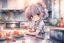 Placeholder: watercolor and ink, cute chibi anime sad girl in the kitchen, ethereal, cinematic postprocessing, bokeh, dof