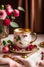 Placeholder: Soft pink roses, white Chinese peony, tiny apple blossom flowers, eucalyptus leaves, twigs of cranberries, twigs of copper pepper berries all arrangement into a cute beautiful flowers arrangement on a pink nickel mug. The mug is sitting on a thick white book with golden cover image design. Sunny, bright image. Ad copy, huge copy space on top of the image, negative space, hd, 8k, blurry dreamy background, beautiful pictures. Product