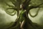 Placeholder: full body shot of a young, slim woman covered in a one-piece bodysuit made from tiny green filigree leaves, emerging from a tree, detailed matte painting, deep colour, fantastical, intricate detail