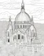 Placeholder: a coloring page, depicting the Sacre Coeur in France, full page, black and white, line art, outline, highly defined lines, with scenery