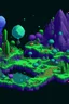 Placeholder: pixel art top down planet surface in 2d game, detailed level, mint green terrain, violet earth with plants and rocks, space trees with glowing fruits