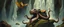 Placeholder: octopus bird witch bear by waterfall looks beyond really powerful, fantasy illustration, in the style of Rembrandt and Escher