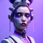 Placeholder: Cyber teenager, color makeup, purple hair, rounded face, geisha style hair, white skin, pattern dress, velvet, vibrant color, cyberpunk style, highly detailed, art stations, concept art, smooth, unreal engine 5, god rays, ray tracing, RTX, lumen lighting, ultra detail, volumetric lighting, 3d, finely drawn, high definition, high resolution, gradient background