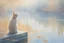 Placeholder: closeup of a Budapest sunshine beautiful oil painting kitten businesswoman van gogh style in blue dress on a misty morning. over a misty pond in the hieght of fall. Watercolour by Alison Brady. Pastel colours S<AI in sunshine, ethereal, otherwordly, cinematic postprocessing