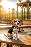 Placeholder: In einer Morgenstimmung sitzt ein Beagle auf einer Holzbank. Im Hintergrund sieht man einen Freizeitpark.