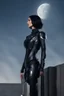 Placeholder: Photo Of A slim Woman With Black Hair, Wearing An android-looking suit, standing sideways On A Ledge of a building, With A waning moon Behind Her Head