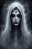 Placeholder: weird creature from white-grey fog , crepy evil ghost woman with dark shiny eyes looking at you, mystic dark matter, dark evil energy, Fibonacci sequence, dark shadows, black, grey dark colors, etheral, mist, esoteric, mystic dark sky, surreal, sensitive, sinister, dark fantasy, space between the living and the dead, crepy surreal mood, splash art, cinematic, 3d, intricately detailed, smoke, crepy stunning