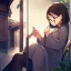 Placeholder: anime girl sitting on a porch swing of an old house, journaling, wearing pajamas, writing in a book, shes watching it rain, more detail on hands and her face,shes deep in her thoughts, wearing glasses, rain drops, she has a pencil in her hand and is writning in the book, she is looking down at what she is writing