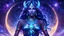 Placeholder: Full body portrait of a peaceful smiling guardian Goddess of the galaxies with a blue indigo purple skin, high skul, luminous eyes