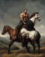 Placeholder: a big muscle man sitting on a horse in hills like a 19th painting