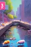 Placeholder: painting of a cyberpunk colourful natural walkway rubbish on the street in the city with pollution and a small bridge by a creek with electric sheep and androids by monet