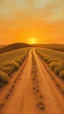 Placeholder: bottom 1/3 is ground, top 2/3 is sky, very dusty dirt path coming over a shallow hill with sunset in the prairies, horizon line is low in the composition, old western, painting based on grainy photo, orange brown tones