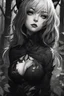 Placeholder: CAT GIRL, goth, forest, nature, cartoon, leaves, black and white hair, boobs, portrait, colour iamge