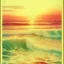 Placeholder: Realistuc Sea, soft waves, pale polaroid with damaged border, 1968, sunset