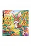 Placeholder: The cute bunny excitedly looks at a bright yellow sunflower in the colorful garden, the beautiful butterfly and the friendly brown squirrel are next to the bunny and smiling, child book illustration style, faces must be the same as reference image