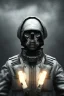 Placeholder: All black German soldier, head made out of white smoke, dark, rage, sorrow, high definition, ultra 8 k, volumetric lighting, blue fire, fog