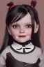 Placeholder: Wednesday Addams toddler, full body, jump, bokeh, hyper realistic