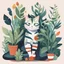 Placeholder: Create a gouache illustration of a cat and plants growing. Add socks to the illustration