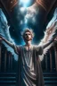 Placeholder: arms up towards heaven, hair standing straight up, fluffy clouds, intense eyes,looking upwards, white pupils, close facial portrait of the streetwise magician posing in elaborate cape, angels and demons, fireflies , staircase with closed gates of heaven, 4 k, down light, depth of field, trending on art station, high detail, cracked ground