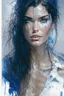 Placeholder: beautiful caucasian woman, age 23, wearing trendy wear wet-white T-shirt, light black hair, Attractive posing, Full body, perfect detailed face, frame the head, blue-eye, glamour, wet skin, Wet hair, rain, hyperdetailed painting, luminism, art by Carne Griffiths and Wadim Kashin concept art, 8k resolution, fractal isometrics details bioluminescens , 3d render, octane render, intricately detailed , cinematic, trending on artstation Isometric gritty, realistic mucha, intricate, high definition,