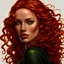 Placeholder: An ultra-realistic half-body image of a beautiful woman with long curly fiery-red hair, green eyes, thin lips, pointy nose, and a nice pointy, NOT wide chin. Wearing a black tight top with an open belly
