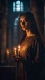 Placeholder: Shi Fi, a beautiful Spanish woman in the church holding a candle, atmospheric lighting effects, intricate industrial details, moody atmosphere, eerie grimdark ambiance, complex motherboard accents, speculative fiction art. Bokeh