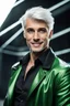 Placeholder: plauge doctor in balck leather coat and suit with silver hair, pale skin and bright green eyes smiling with sharp teeth, nice young face, male, viscious smile