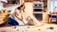 Placeholder: woman on the phone while husband pours baking flour all over the the floors and throw rug looking for make believe invisible tabletops