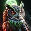 Placeholder: Owl design with ice, lava and starlight, iridescent wings under a molten lava blood red moon with eerie fog, the owl has green eyes 8k UHD Gothic fantasy art with splatter.